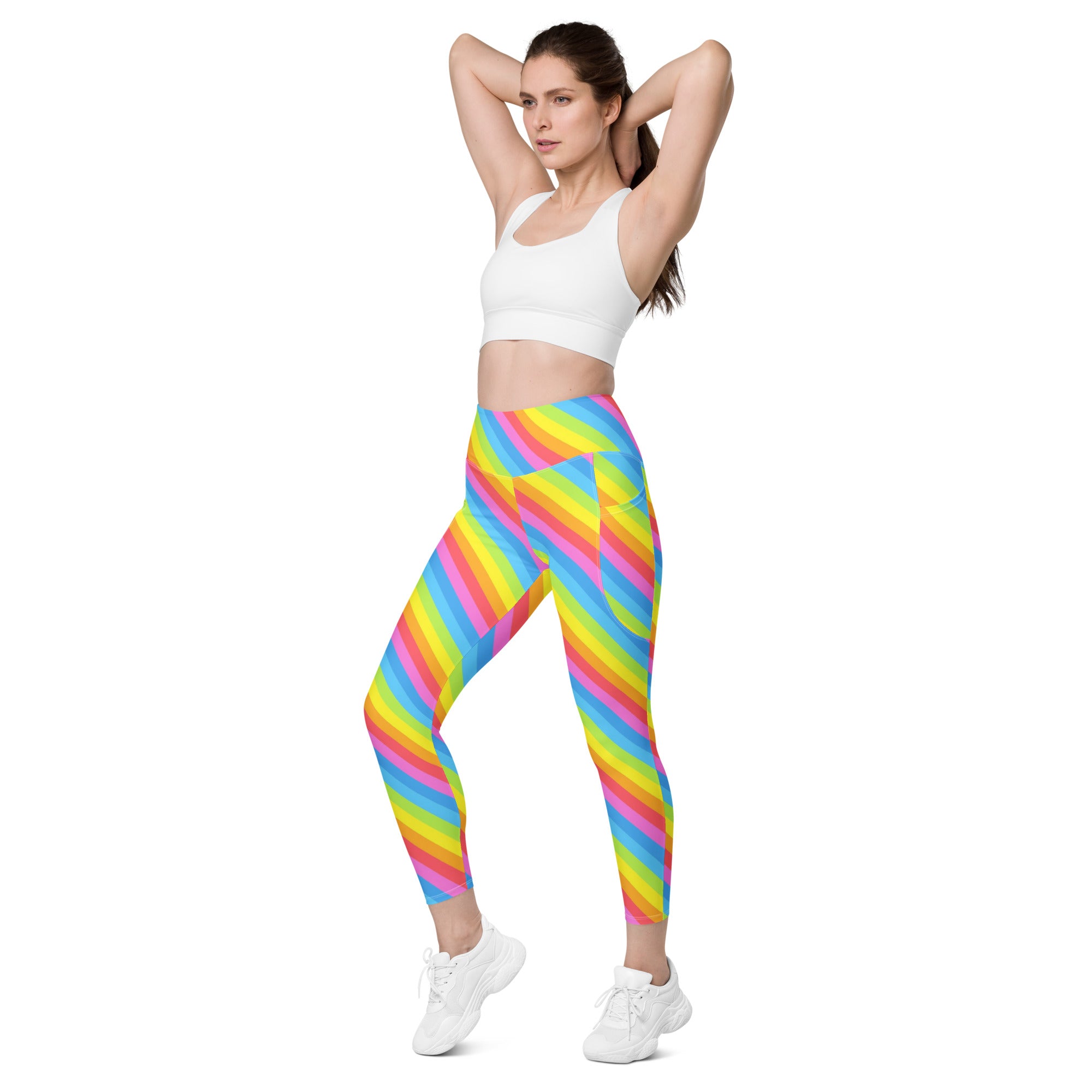 Women’s Rainbow Stripe Yoga Leggings With Pockets – High-Waisted, Soft Compression Active Pants