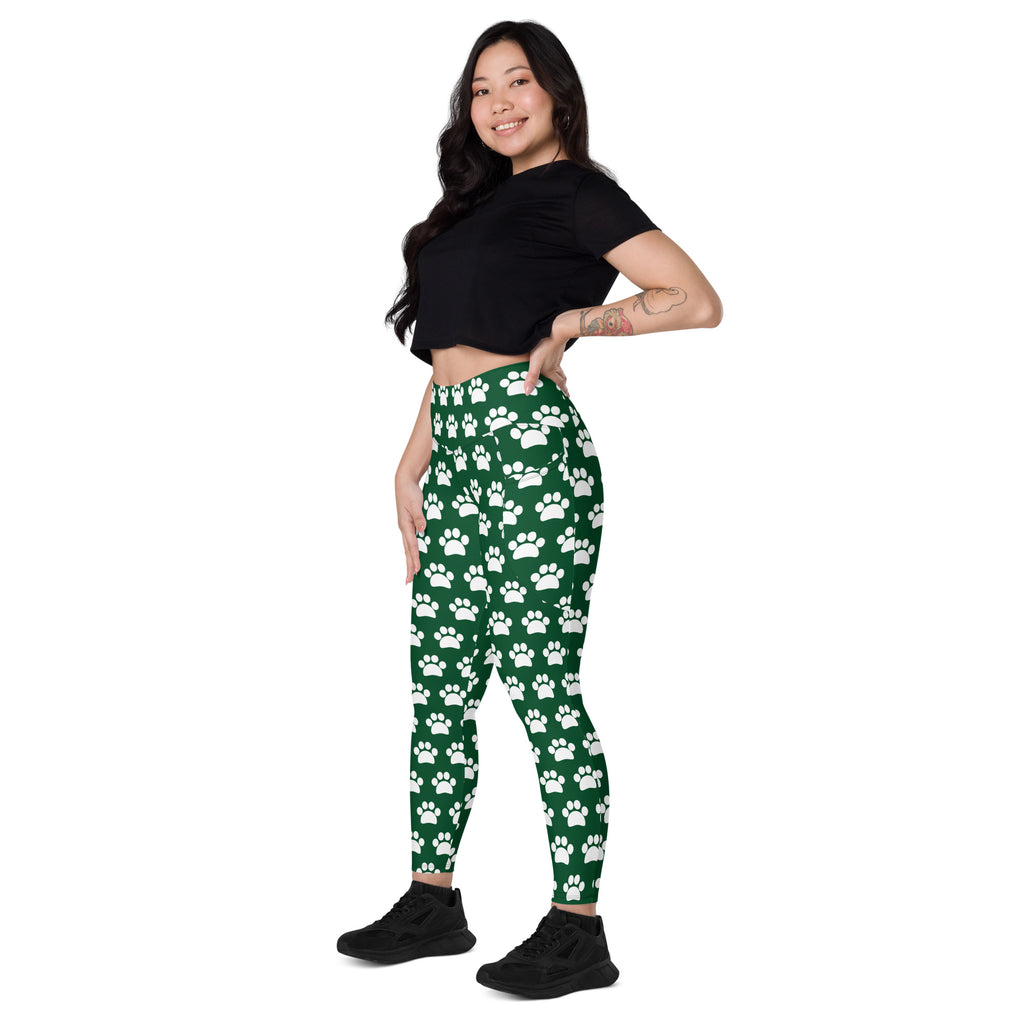 Women’s green high-waisted paw print yoga leggings with pockets soft compression active pants