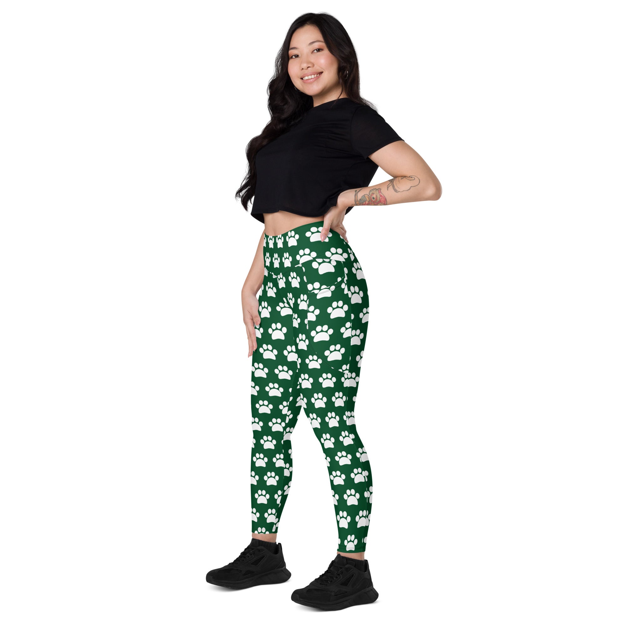Women’s green high-waisted paw print yoga leggings with pockets soft compression active pants