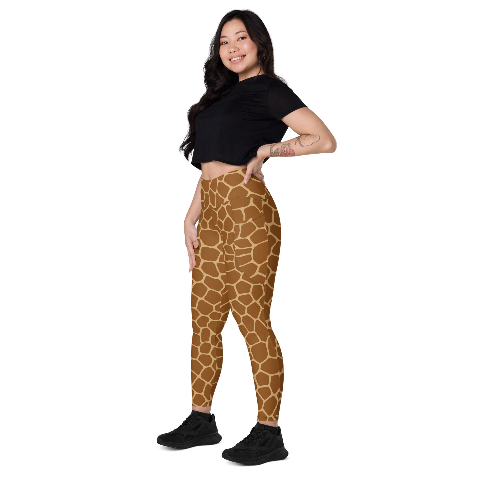 Women’s giraffe print high-waisted leggings with pockets soft compression brown pattern active yoga pants