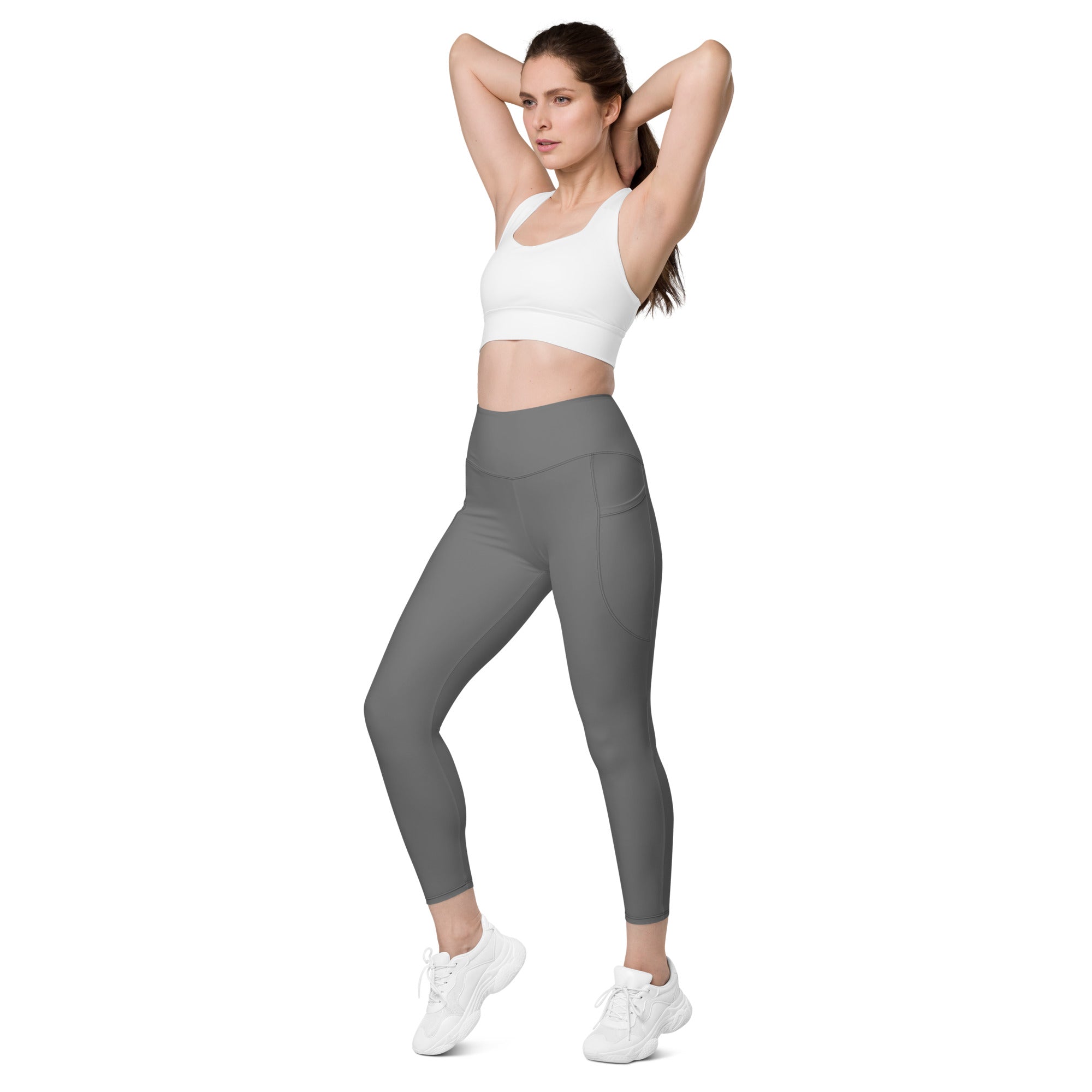 Women’s gray high-waisted yoga leggings with side pocket and seamless soft compression activewear pants