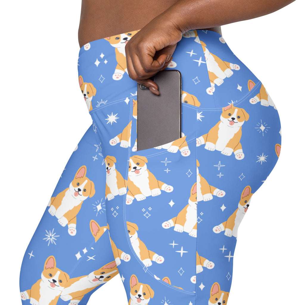 Women’s blue high-waisted corgi dog yoga leggings with pockets soft compression fabric and playful sparkle pattern