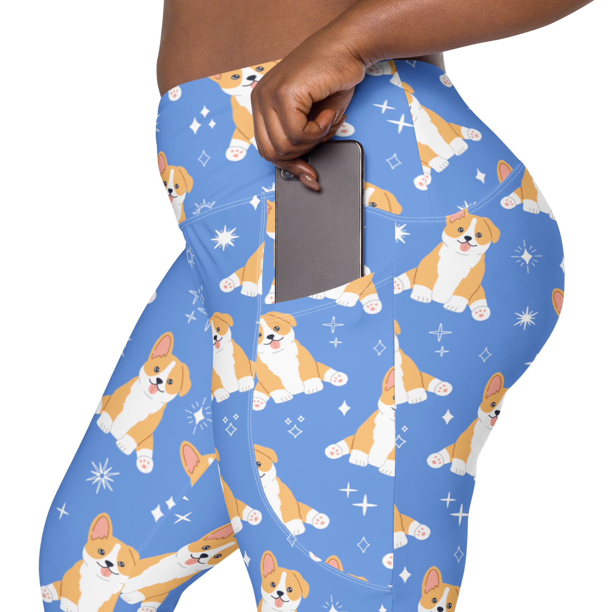 Women’s blue high-waisted corgi dog yoga leggings with pockets soft compression fabric and playful sparkle pattern