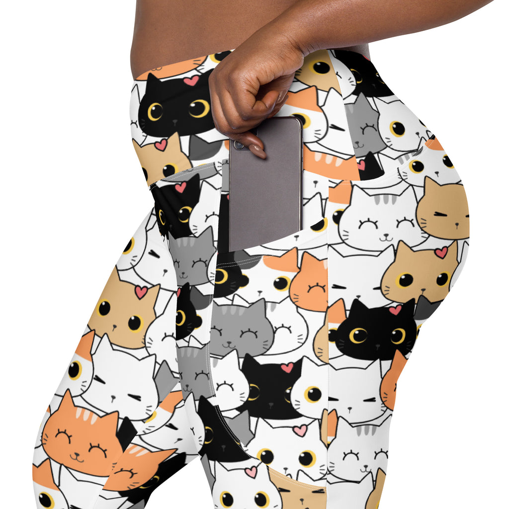 White women’s high-waisted cat face yoga leggings with pockets featuring playful black gray and orange cartoon cats and hearts