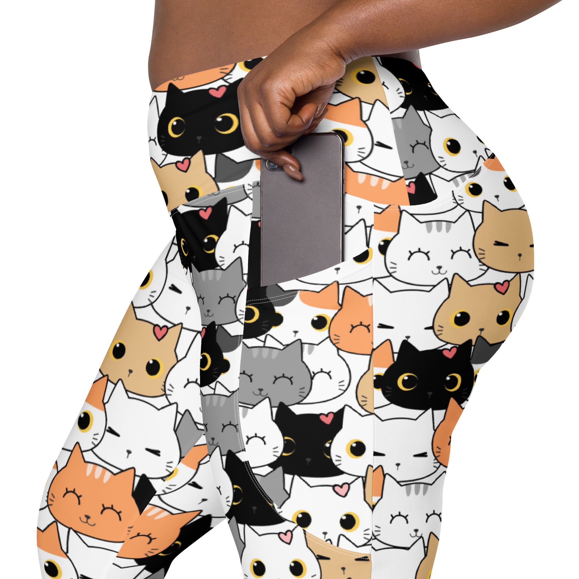 White women’s high-waisted cat face yoga leggings with pockets featuring playful black gray and orange cartoon cats and hearts