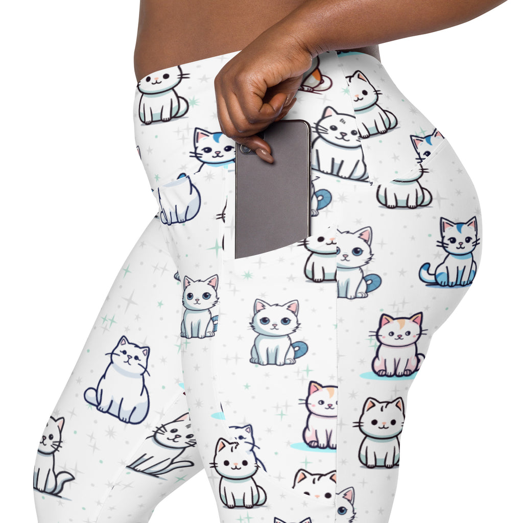 White women’s high-waisted yoga leggings with soft compression and pockets featuring colorful cartoon cats
