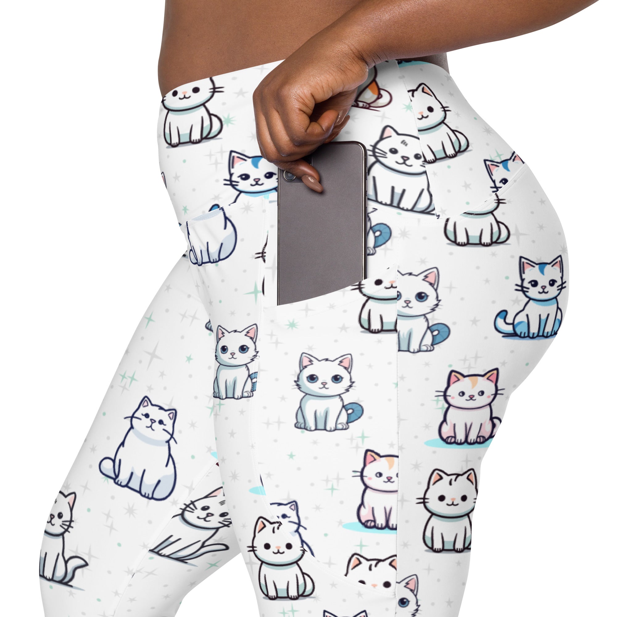White women’s high-waisted yoga leggings with soft compression and pockets featuring colorful cartoon cats