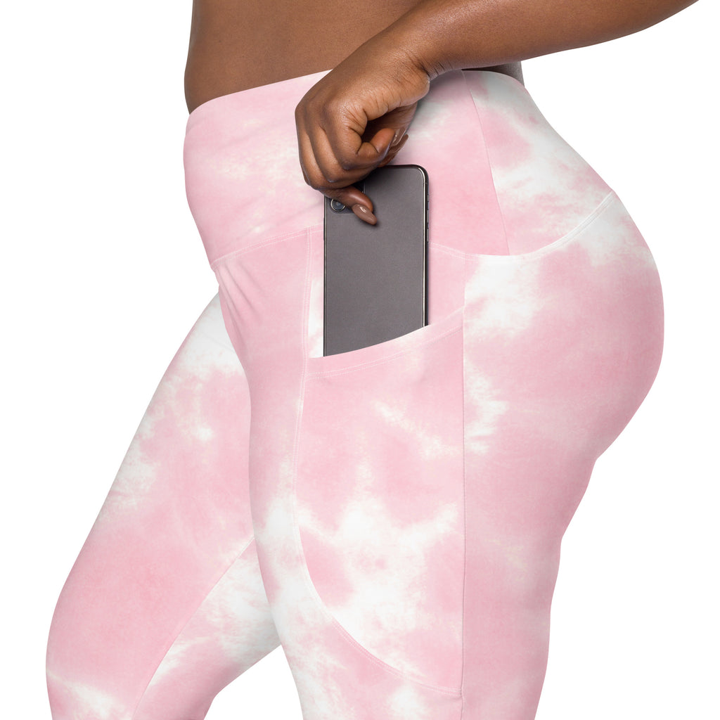 Women’s pink and white tie dye high-waisted yoga leggings with soft compression and a side pocket