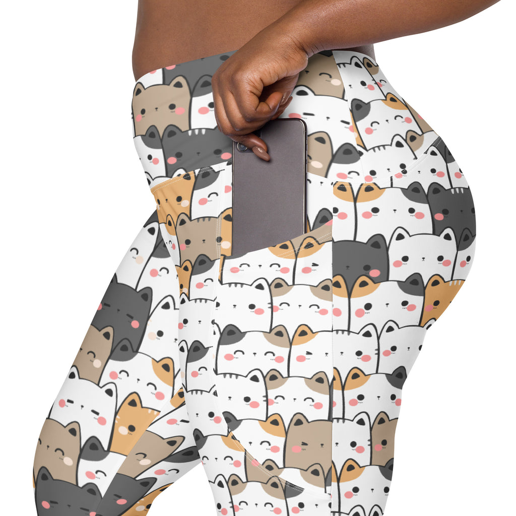 Women’s white high-waisted kawaii cat yoga leggings with pockets featuring colorful cartoon cats and soft compression fabric
