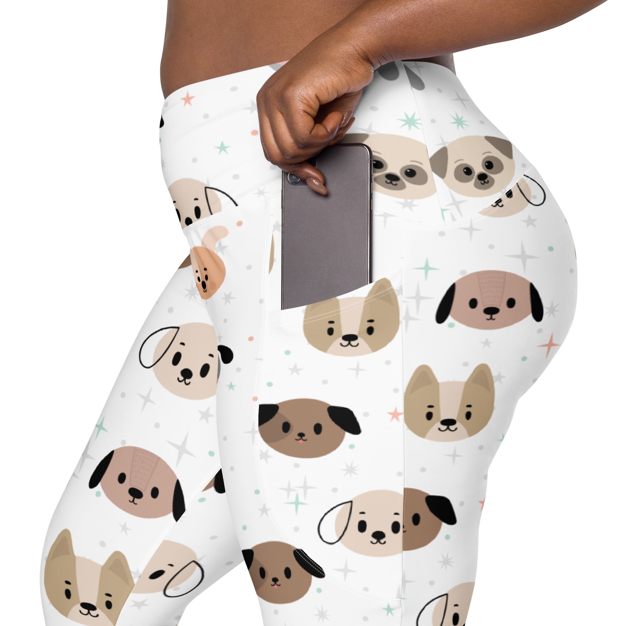White high-waisted women’s dog face yoga leggings with pockets featuring beige and brown cartoon pugs and stars