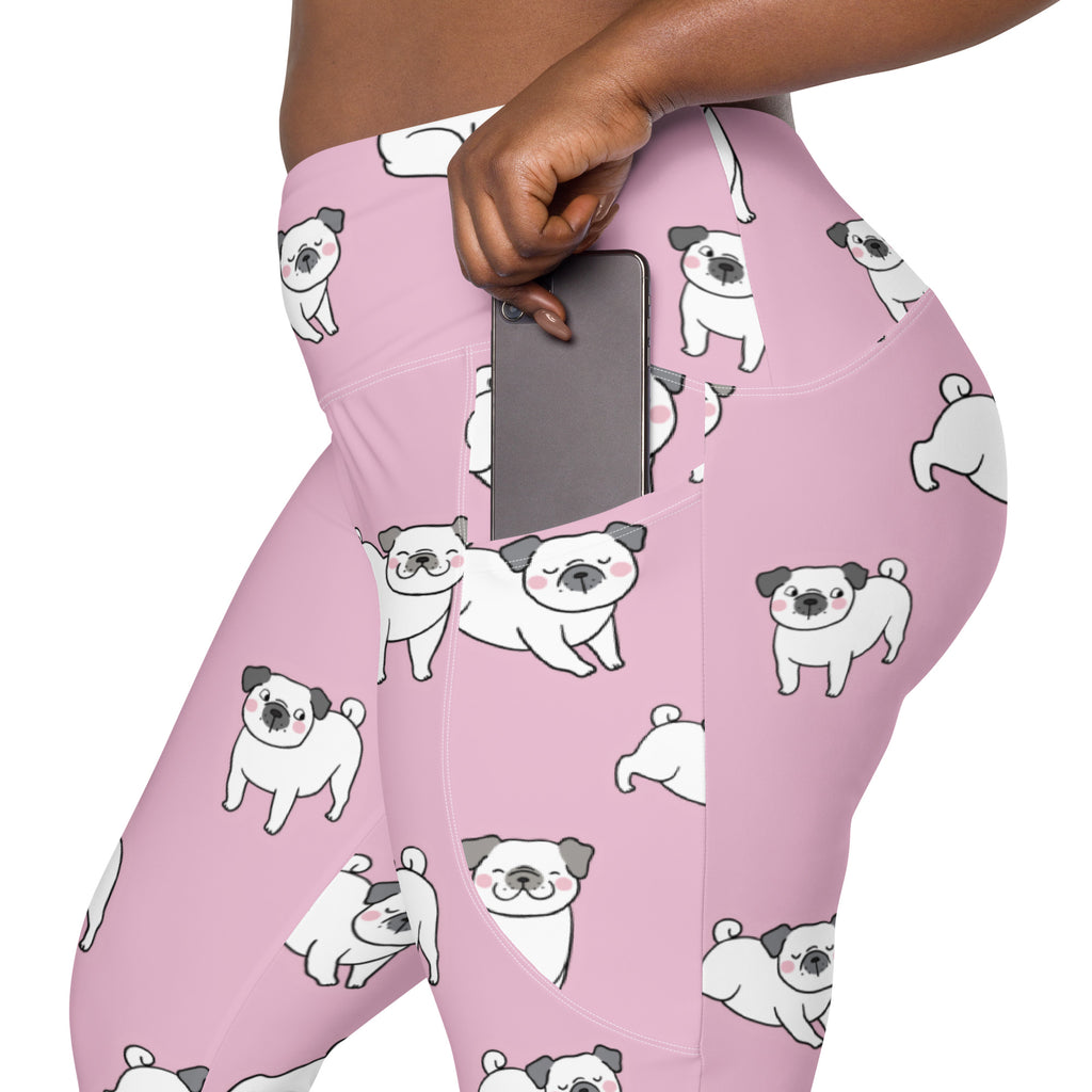 Women’s pink high-waisted yoga leggings with pockets featuring white pug dogs pattern for comfortable soft compression