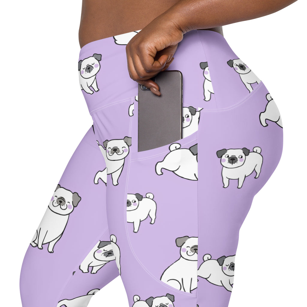 Women’s purple high-waisted pug yoga leggings with pockets soft compression fabric featuring white cartoon pugs