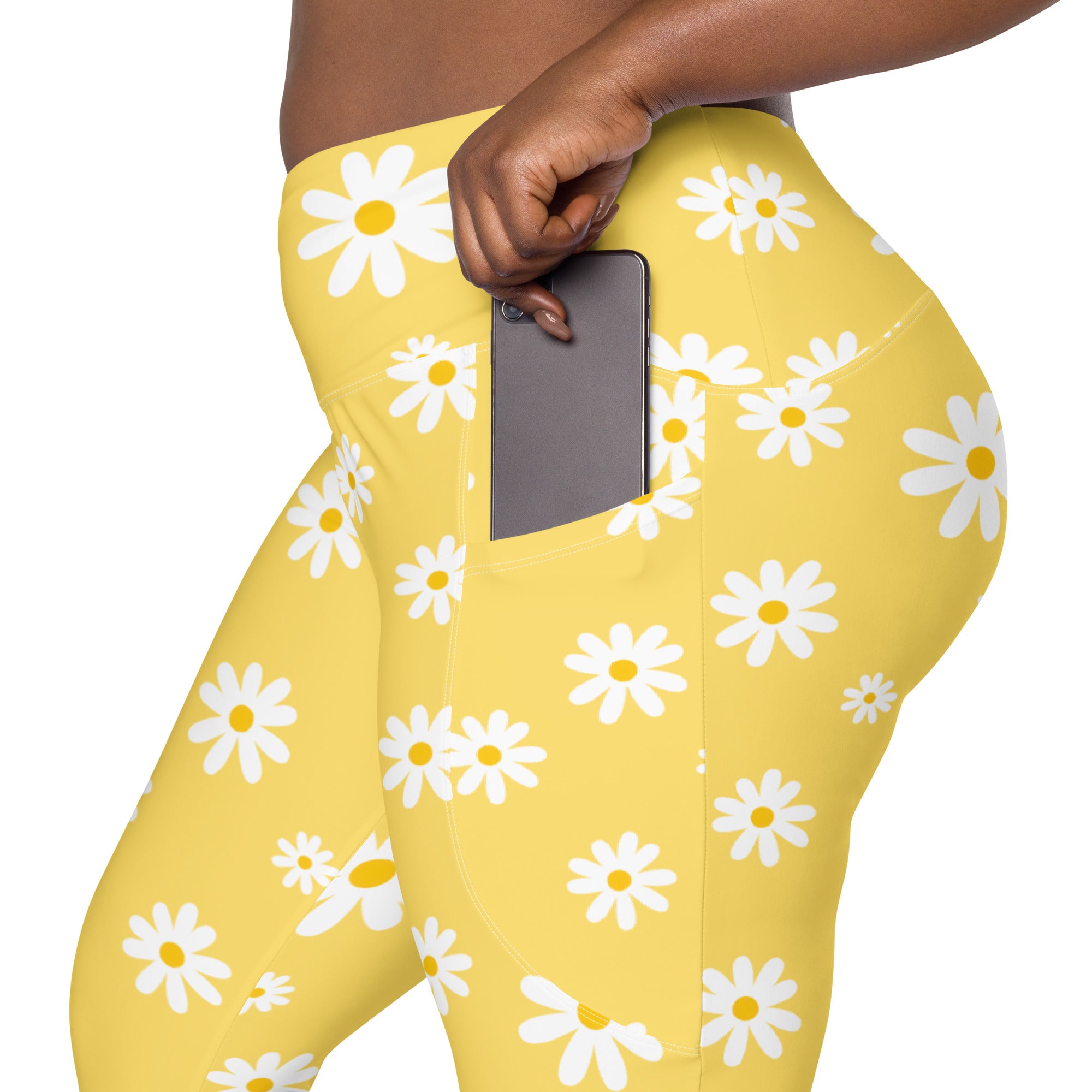 Women’s Yellow Daisy Yoga Leggings With Pockets – High-Waisted, Soft Compression Active Pants