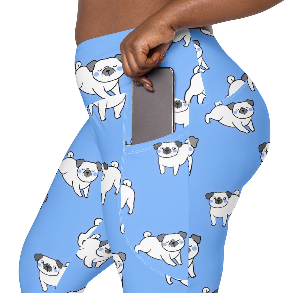 Women’s light blue pug yoga leggings with pockets high-waisted soft compression active pants with white cartoon pug pattern
