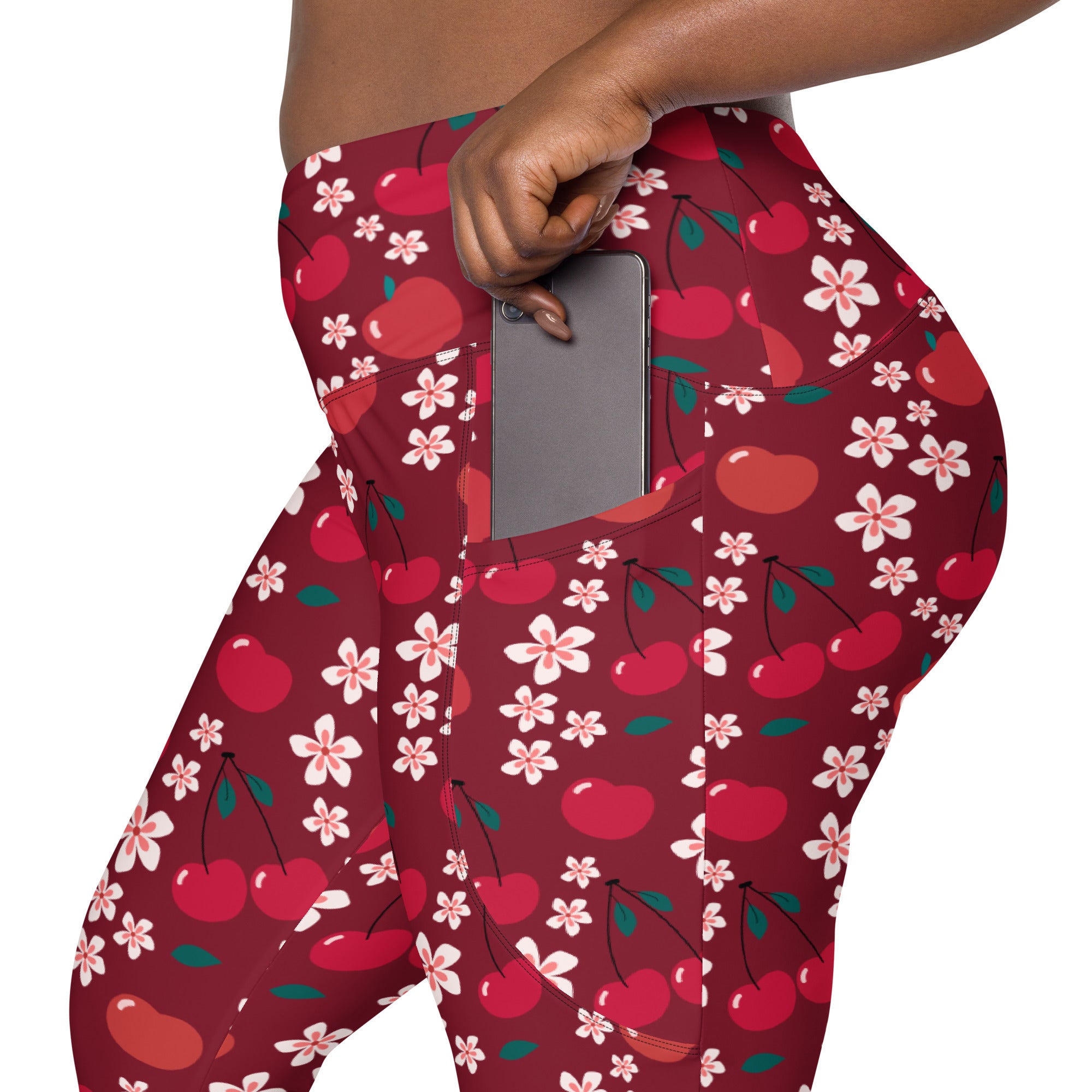 Women’s cherry blossom high-waisted yoga leggings with red cherry and pink flower pattern and side pockets