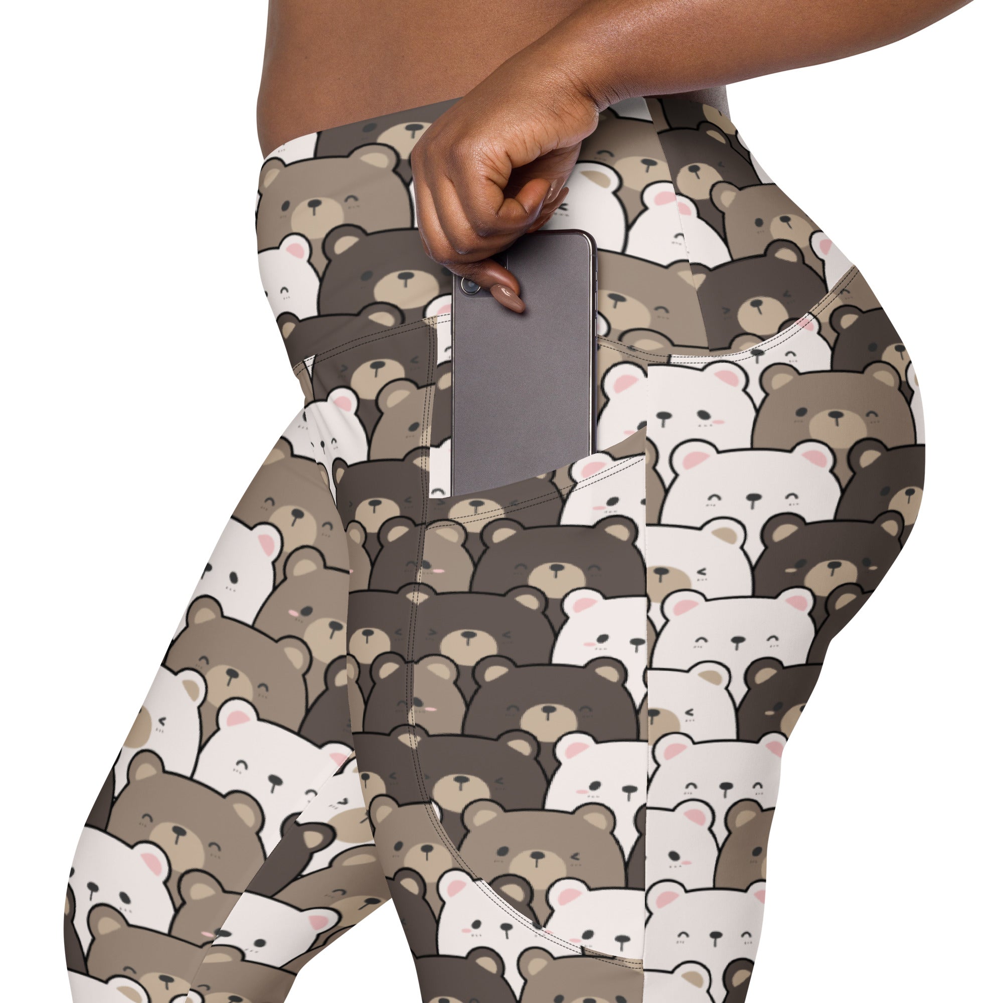 Women’s bear face yoga leggings with pockets in soft beige white and gray tones featuring a snug high-waisted fit