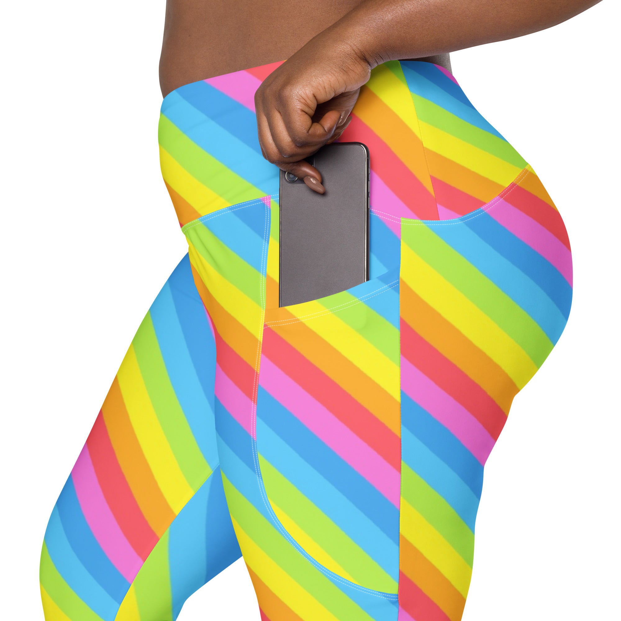 Women’s Rainbow Stripe Yoga Leggings With Pockets – High-Waisted, Soft Compression Active Pants