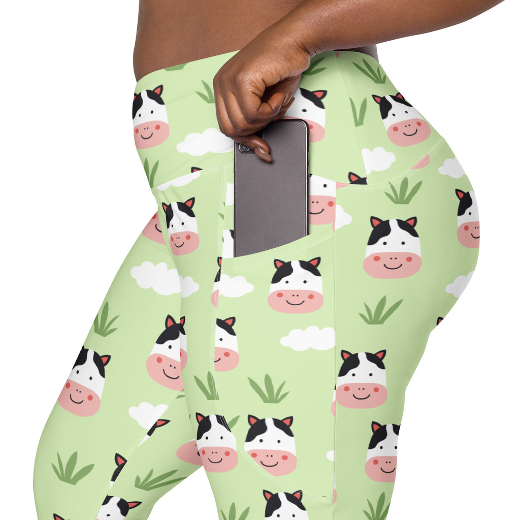 Women’s light green cute cow yoga leggings with pockets high-waisted soft compression active pants with cartoon cows
