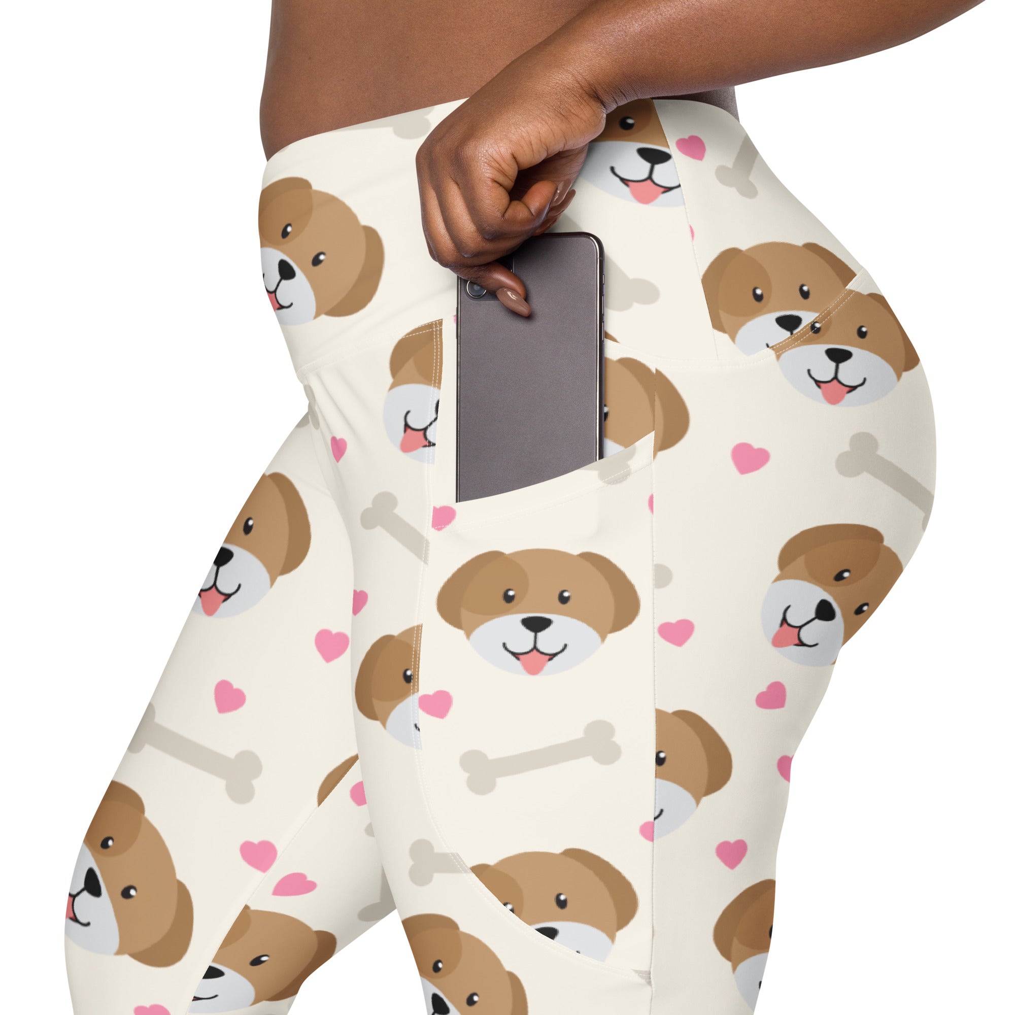 Women’s cream-colored cute dog yoga leggings with pockets high-waisted soft compression featuring puppy pattern