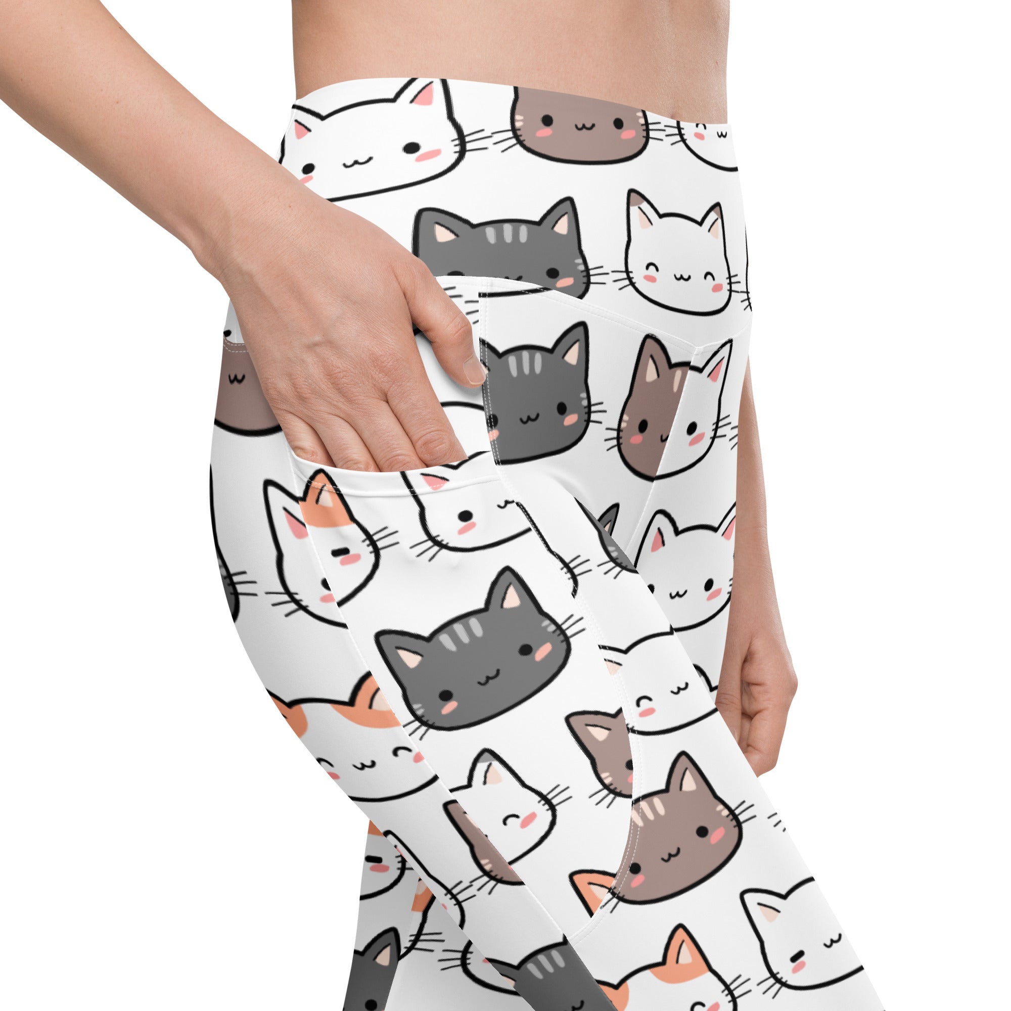 White women’s cute cat yoga leggings with pockets high waisted soft compression featuring colorful cartoon cats