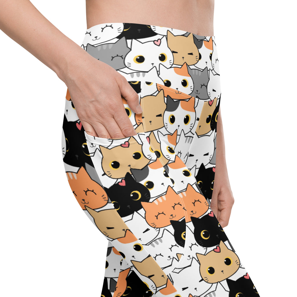 Women’s high-waisted cat face yoga leggings with pockets in white black and orange soft compression fabric