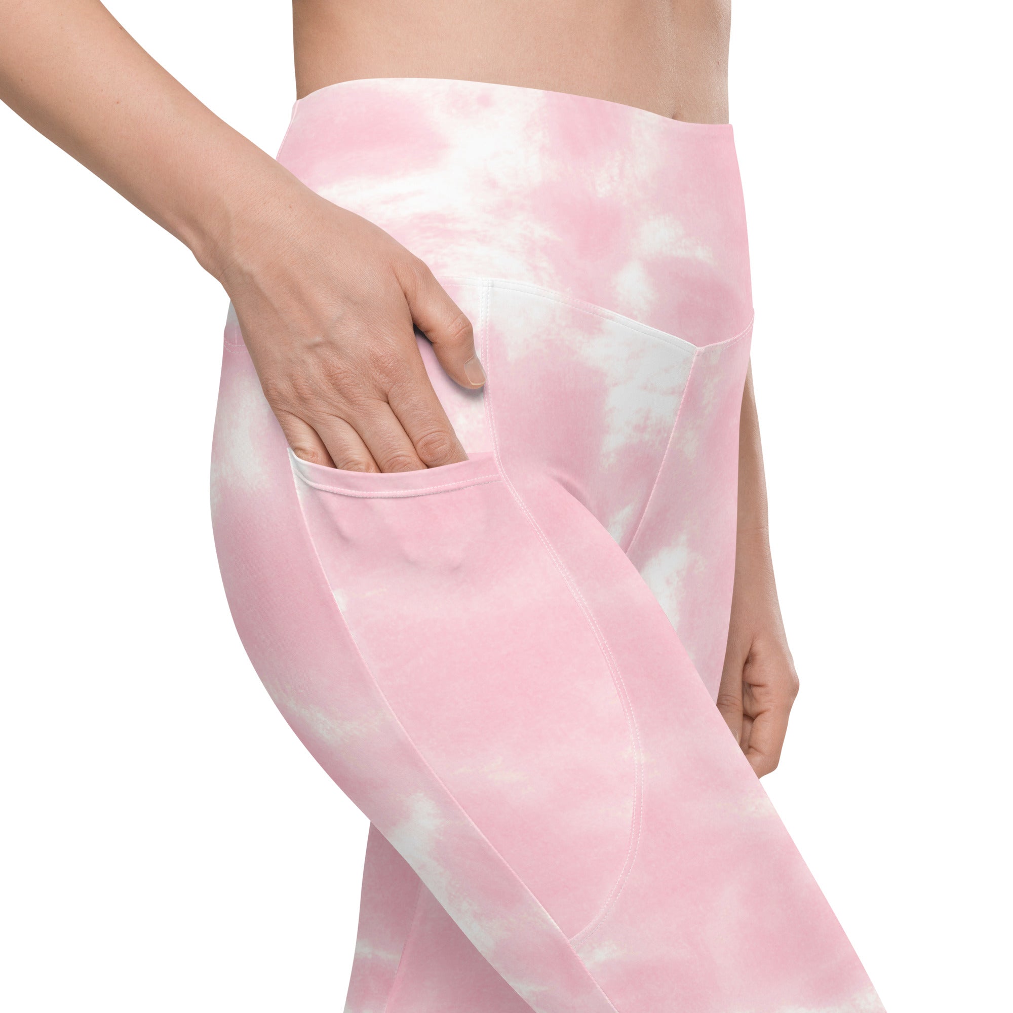 Women’s pink and white tie-dye high-waisted yoga leggings with soft compression fabric and a side pocket