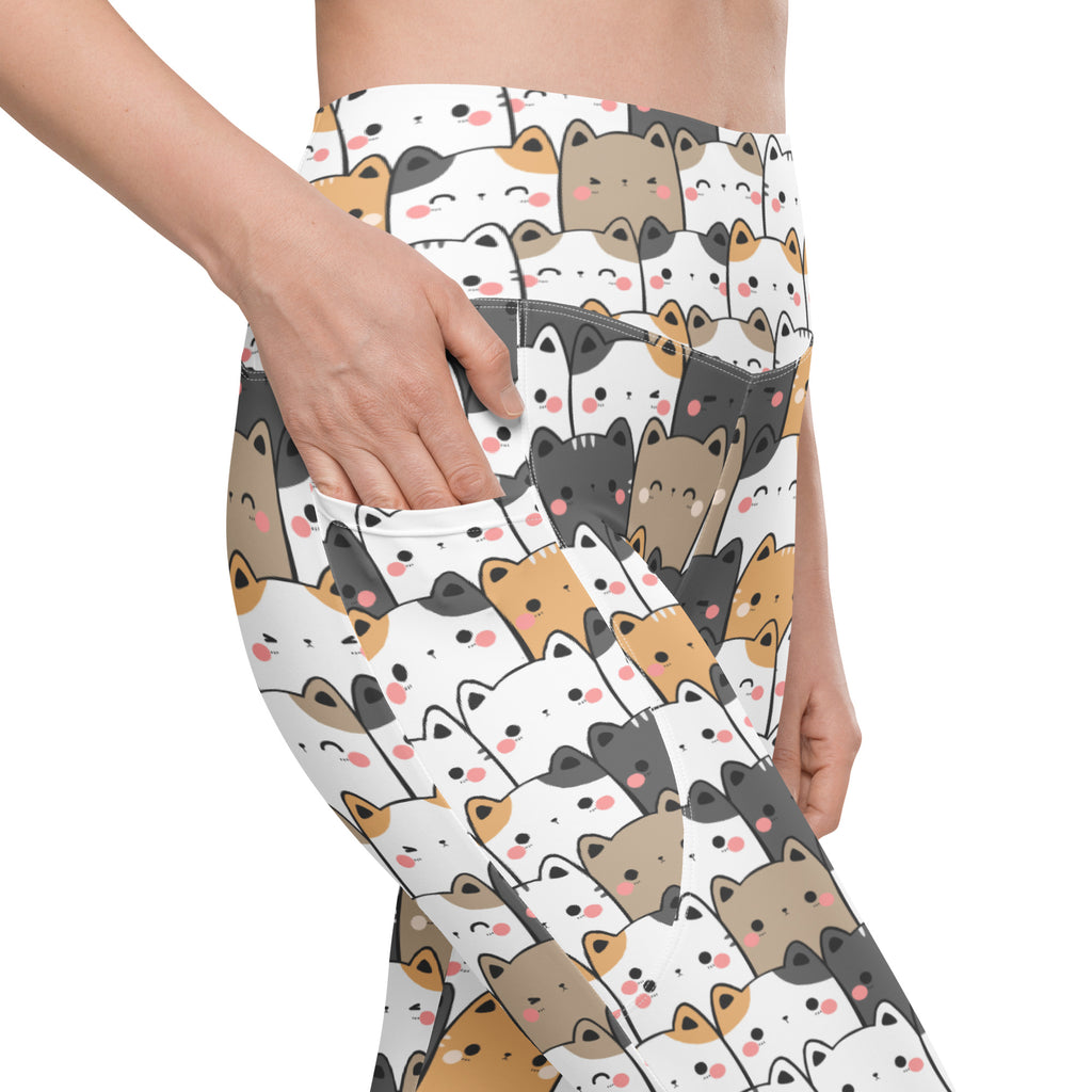 White womens kawaii cat yoga leggings with pockets featuring colorful cartoon cats and soft compression fabric