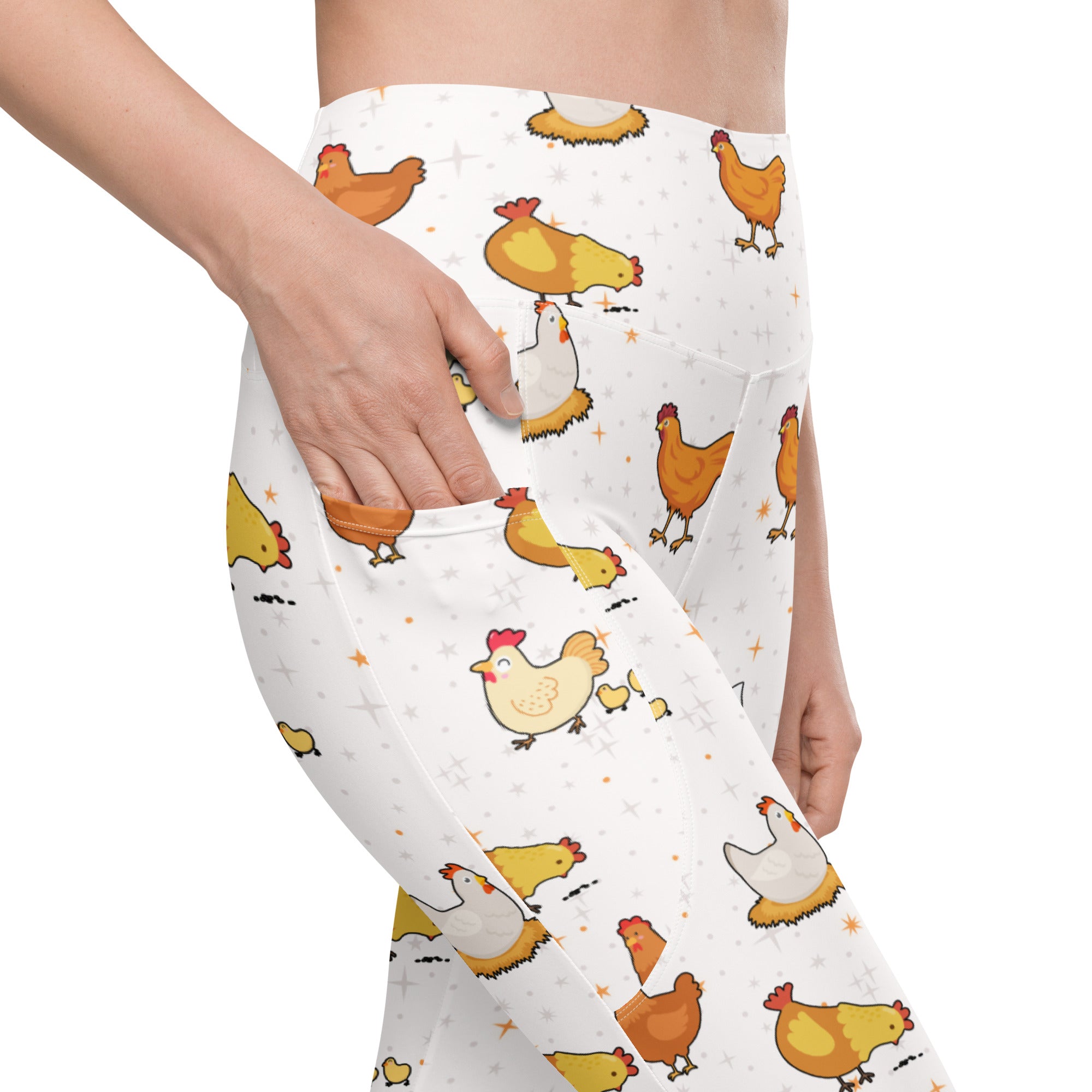 White women’s chicken yoga leggings with pockets featuring playful orange yellow star chicken pattern high-waisted soft compression