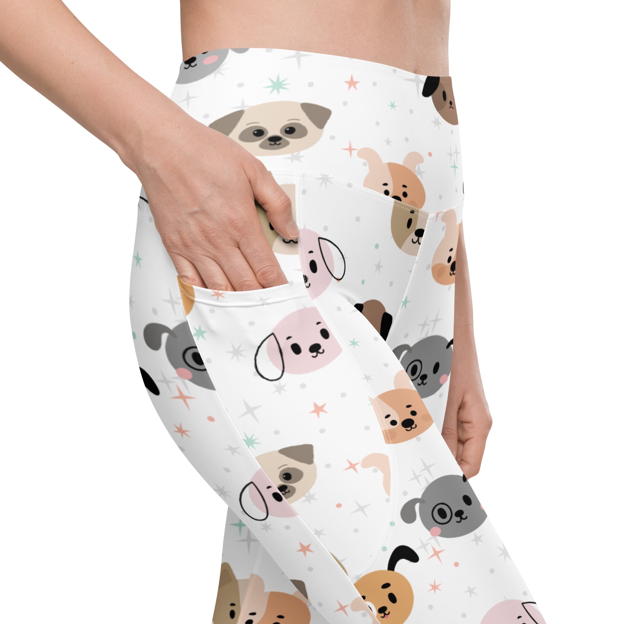 White high-waisted dog face yoga leggings with pockets featuring pastel cartoon dogs in soft compression fabric
