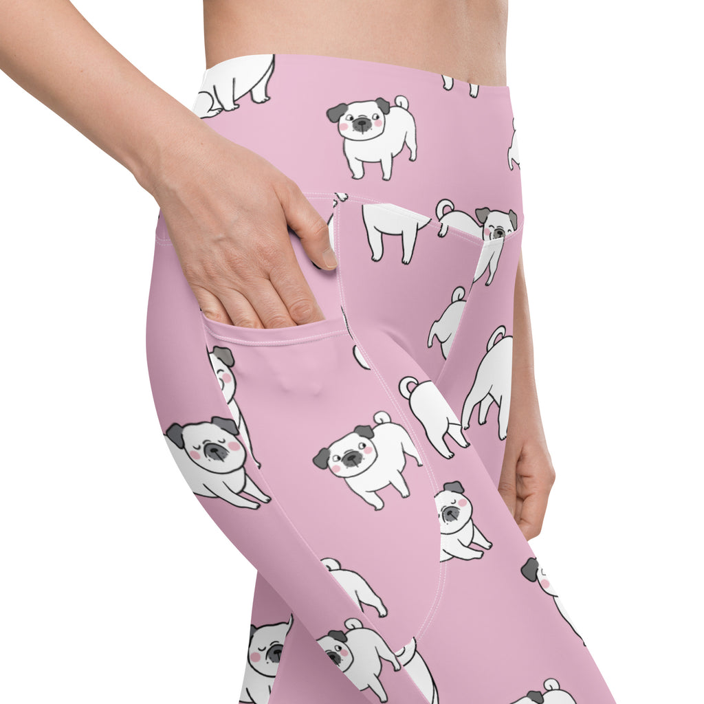 Women’s pink pug yoga leggings with pockets featuring white pugs with black ears and noses high-waisted soft compression