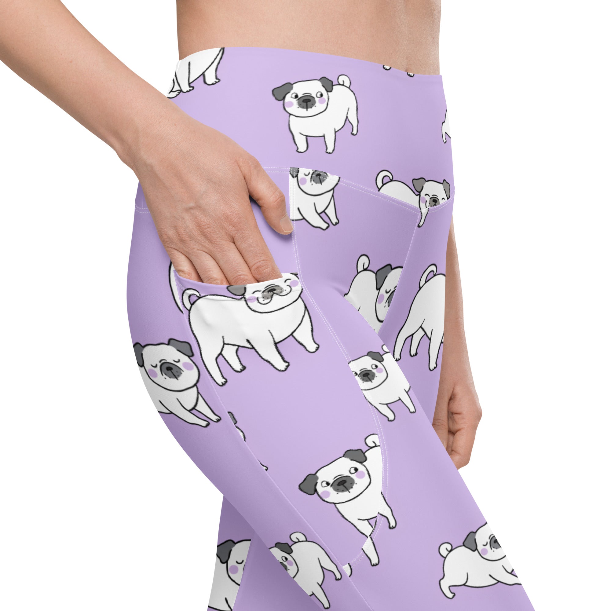 Women’s purple high-waisted yoga leggings with pockets featuring white cartoon pugs with black ears and noses