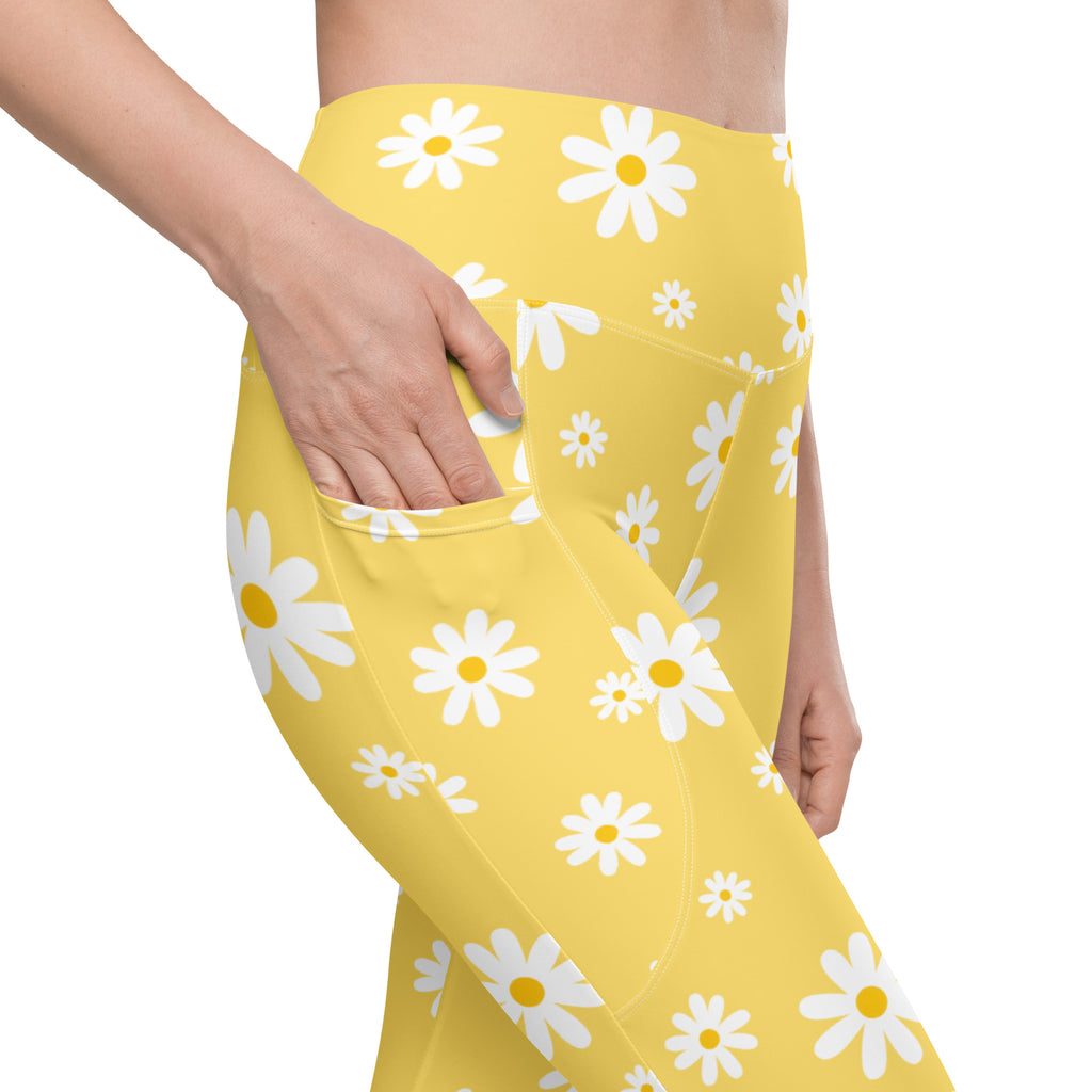 Women’s Yellow Daisy Yoga Leggings With Pockets – High-Waisted, Soft Compression Active Pants