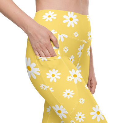 Women’s yellow daisy yoga leggings with pockets high waisted soft compression active pants with white flowers and yellow centers