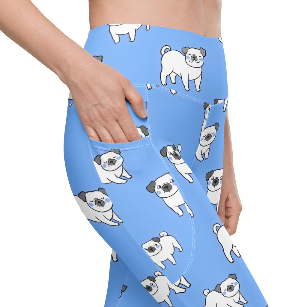 Women’s light blue high-waisted pug yoga leggings with pockets soft compression and playful white pug pattern
