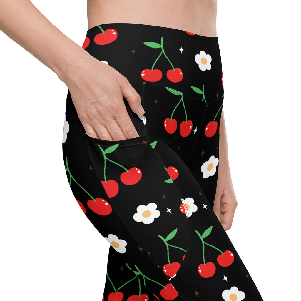 Women’s black high-waisted cherry print yoga leggings with pockets soft compression active pants with floral pattern