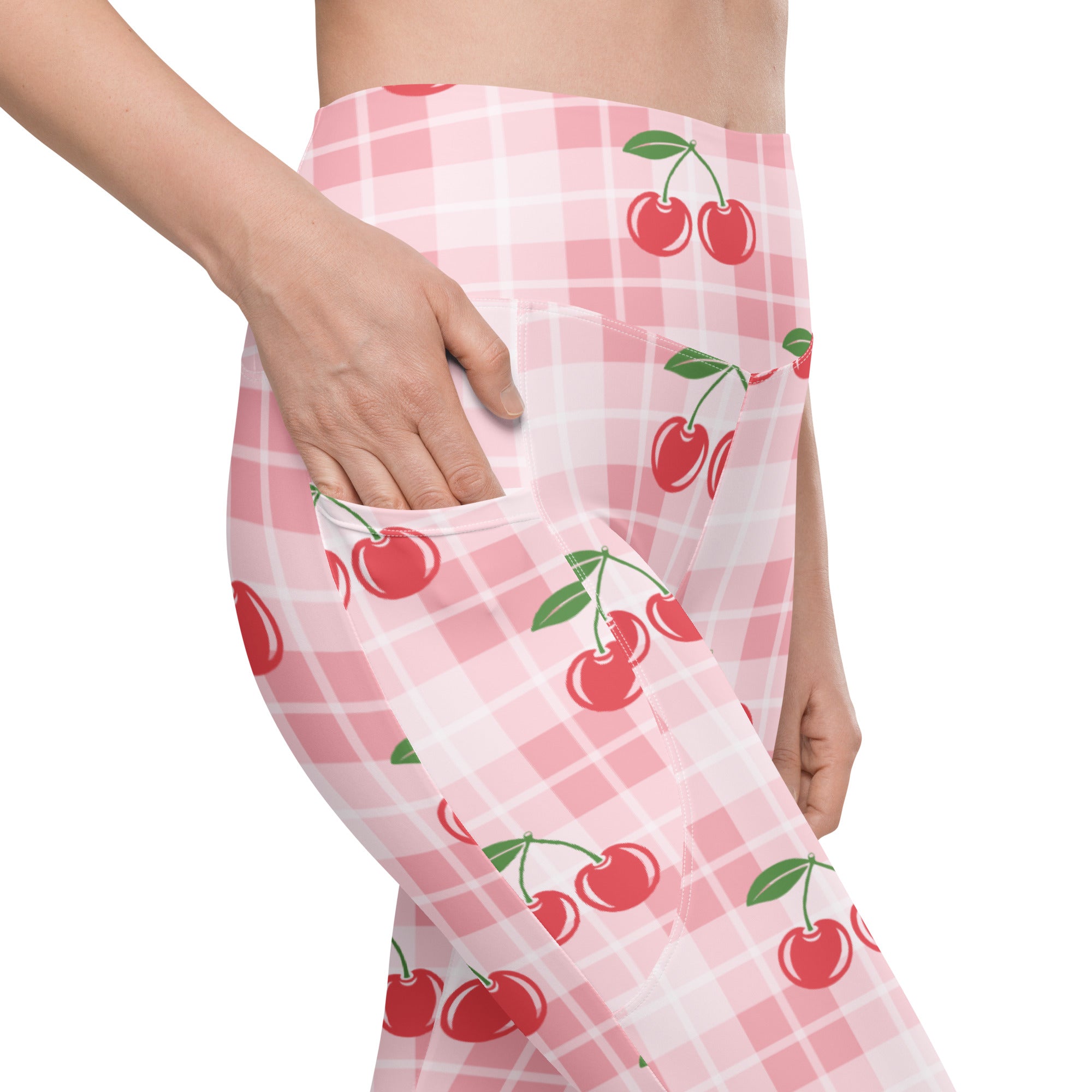 Women’s high-waisted pink and white checkered yoga leggings with red cherry print soft compression and pockets