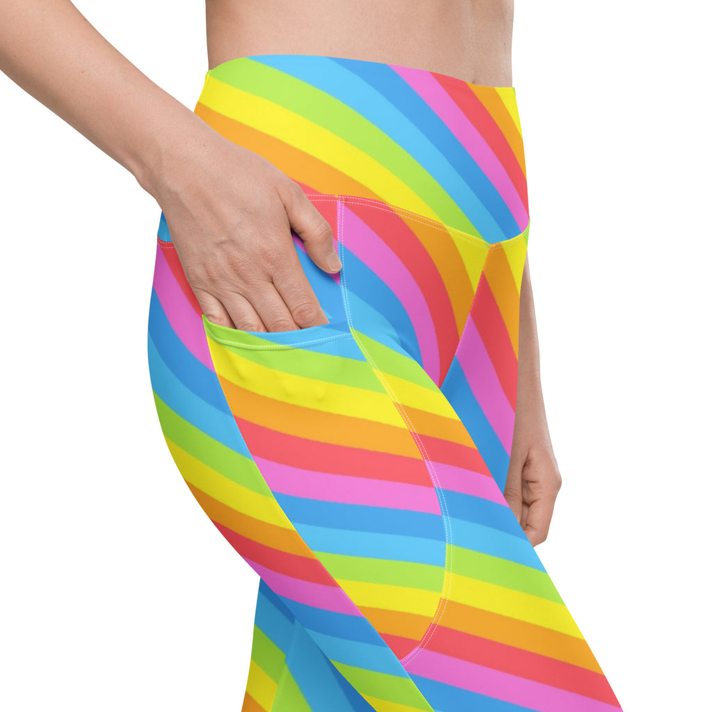 Women’s Rainbow Stripe Yoga Leggings With Pockets – High-Waisted, Soft Compression Active Pants