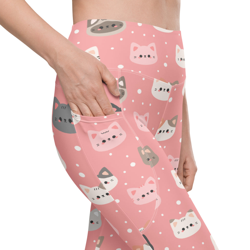 Women’s cute pink cat faces high waisted soft compression yoga leggings with pockets featuring playful cartoon cats pattern