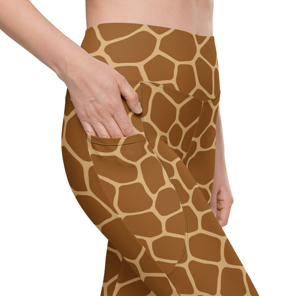 Women’s high-waisted giraffe print yoga leggings in brown and tan with soft compression and pockets