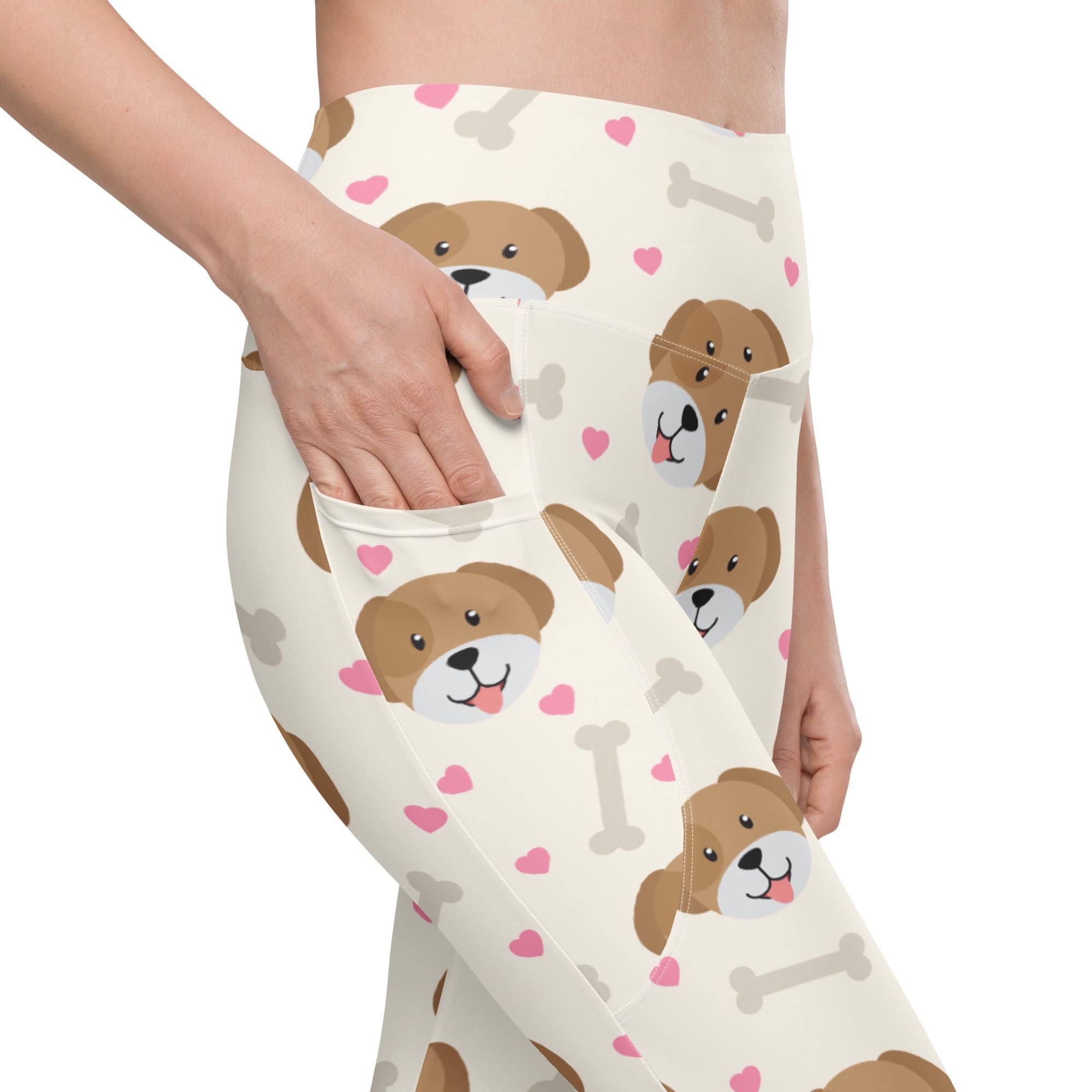 Cream-colored women’s cute dog yoga leggings with pockets high-waisted soft compression and playful dog pattern