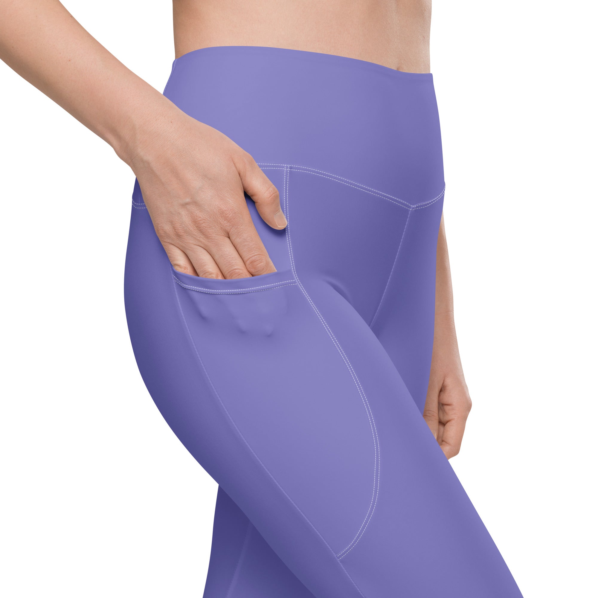 Women’s lavender high-waisted yoga leggings with side pocket, subtle white stitching, and soft compression fabric