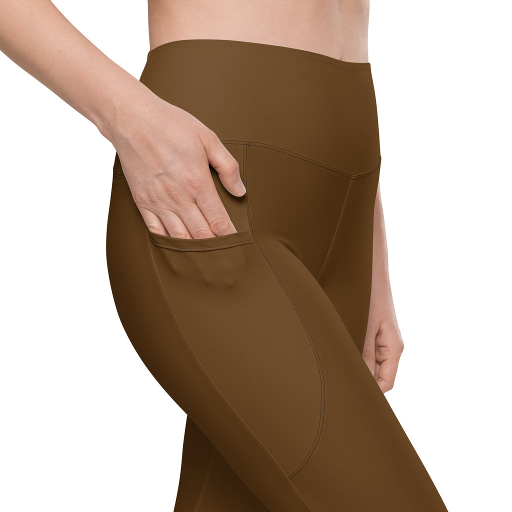 Women’s brown high-waisted yoga leggings with soft stretchy fabric and side pocket for active comfort