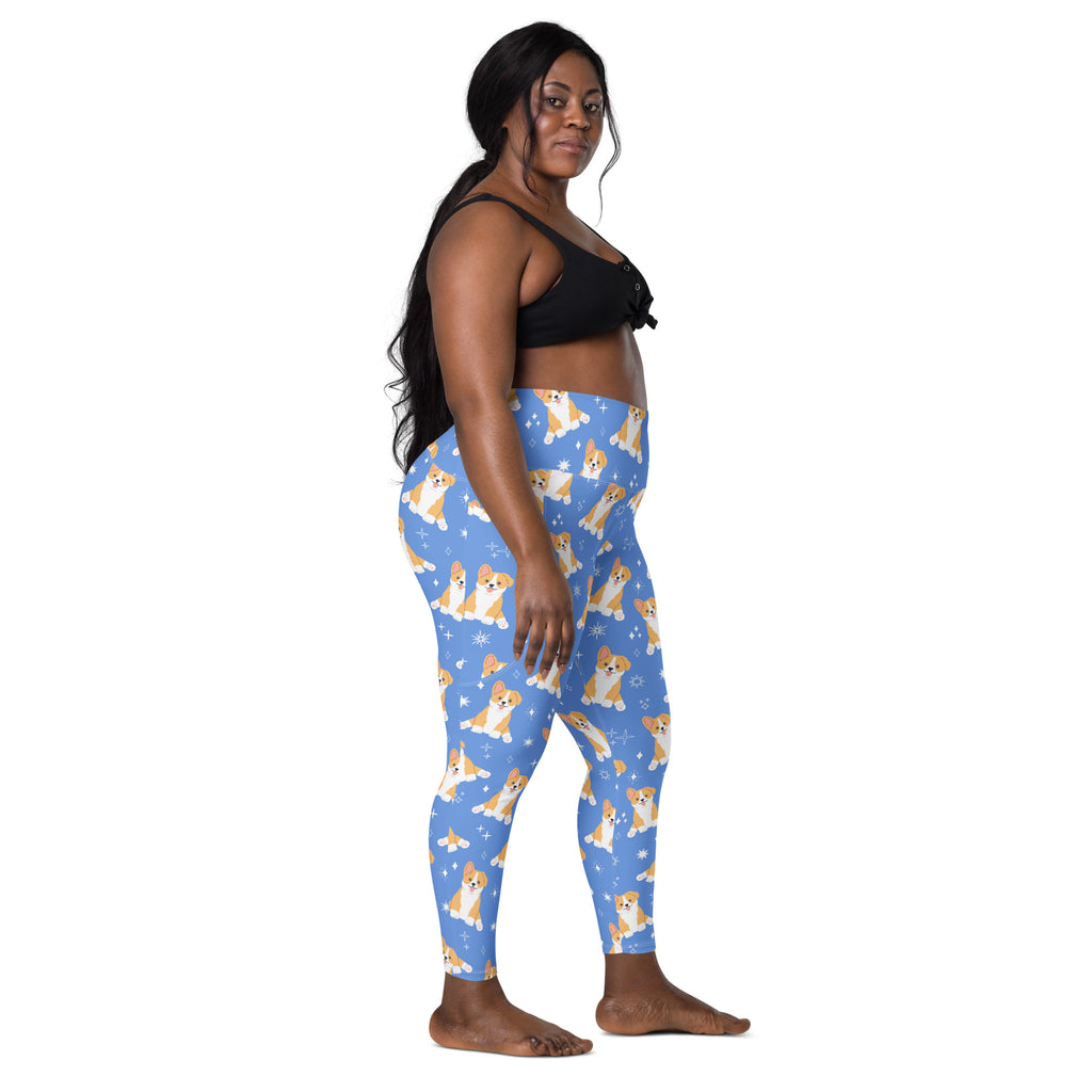 Women’s blue corgi dog yoga leggings with pockets featuring tan and white corgi pattern and star accents
