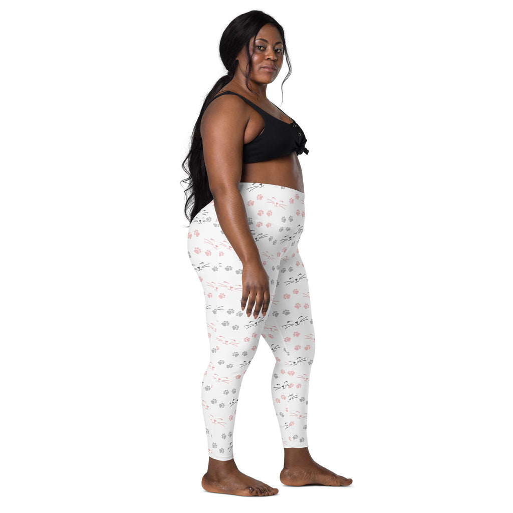 White high-waisted yoga leggings with soft compression and pink gray cat face pattern and pockets for women