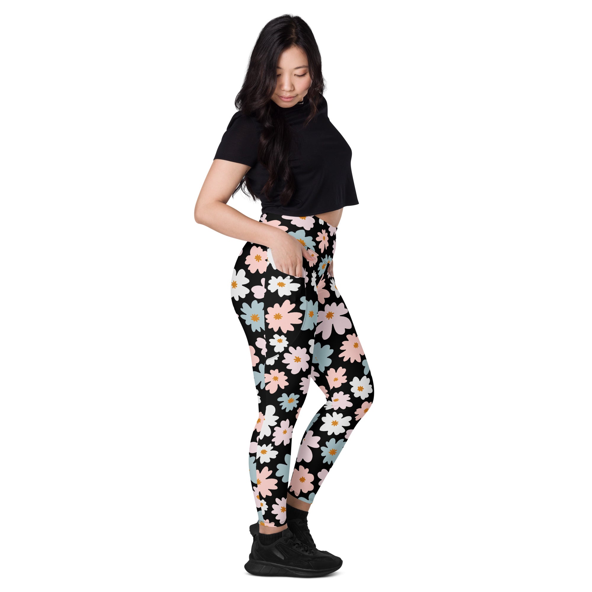 Women’s retro floral black leggings with pink white and light blue flowers high waisted soft compression with pockets