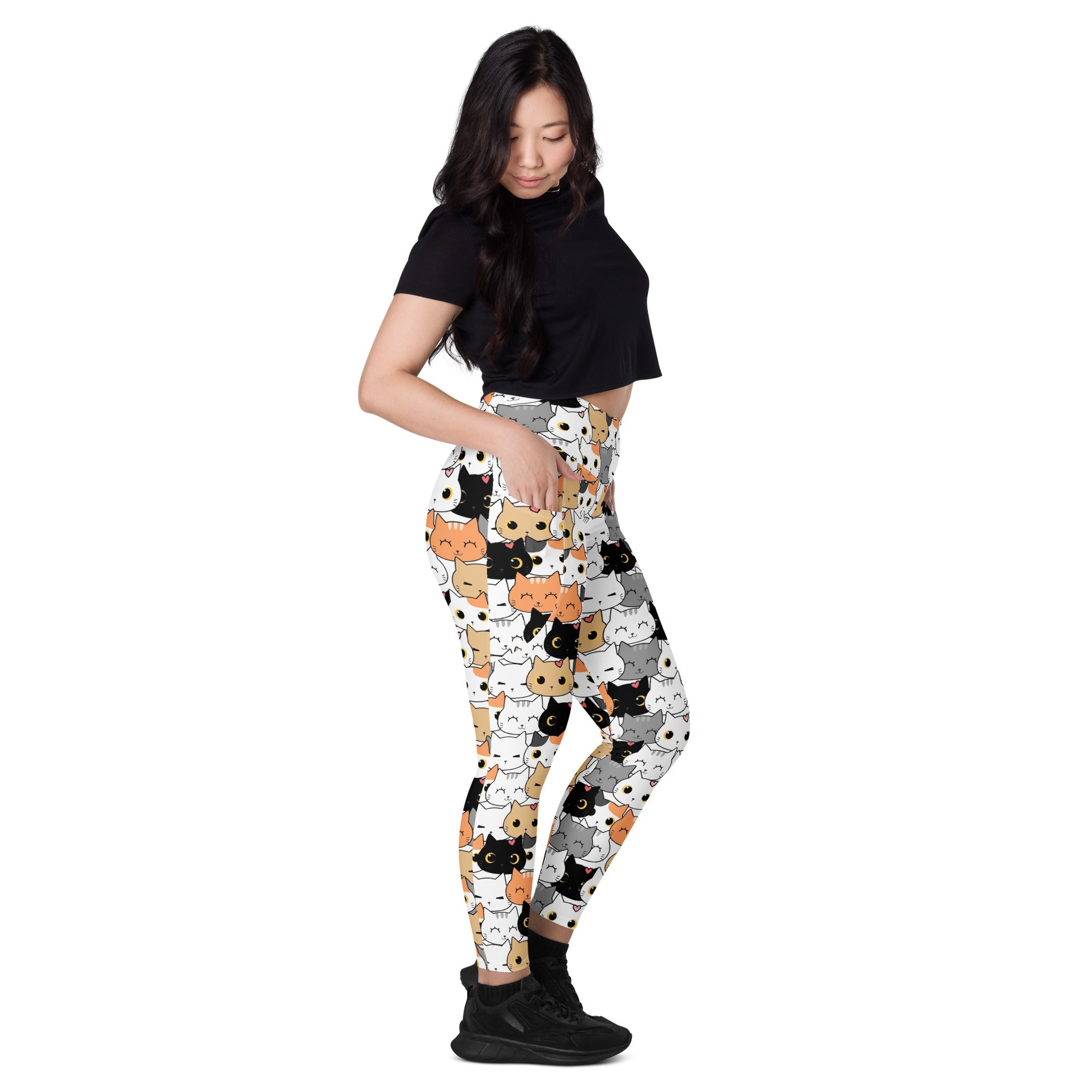 Women’s cat face yoga leggings in white black gray and orange with pockets high-waisted soft compression stretchy fabric