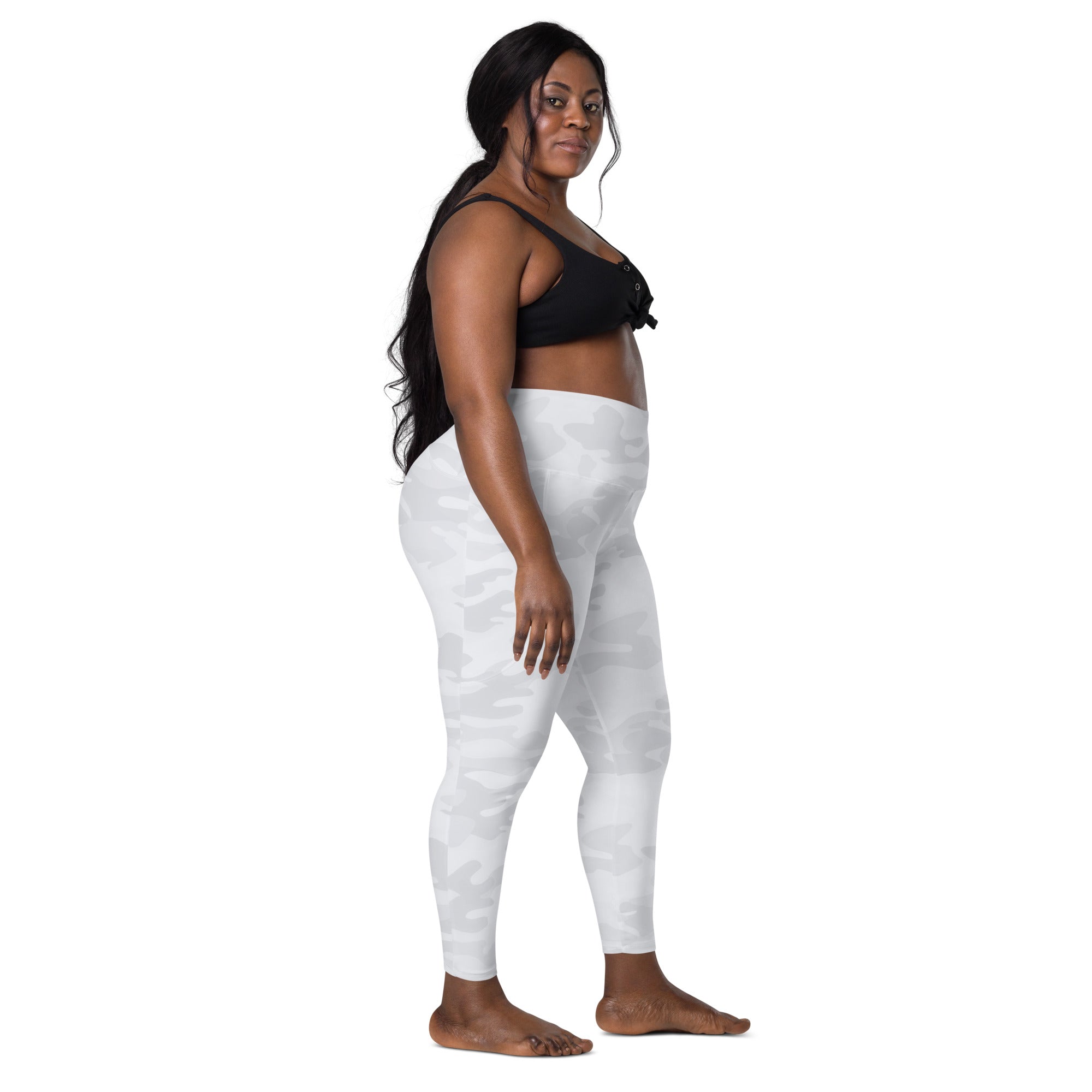 Women’s white camouflage high-waisted yoga leggings with pockets soft compression active pants shown from back side