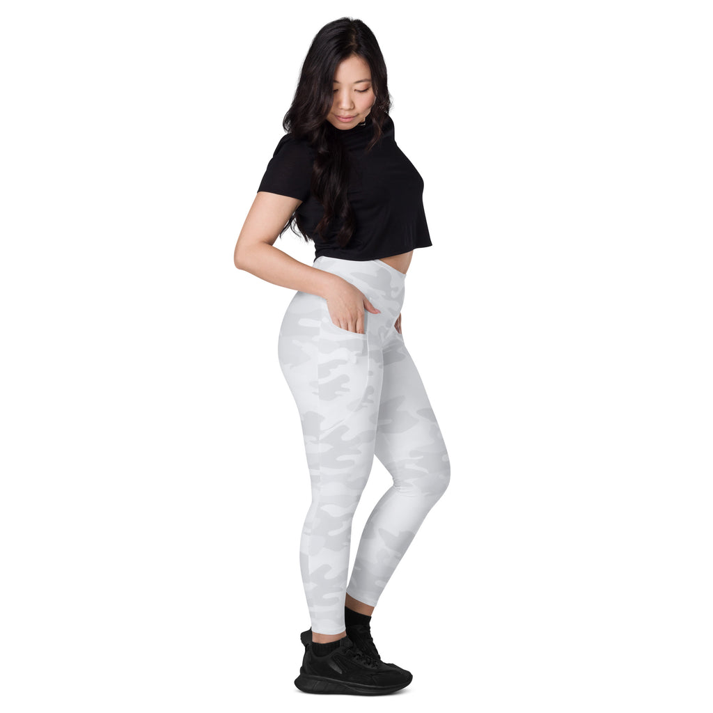 White camouflage high-waisted yoga leggings with pockets soft compression active pants for women