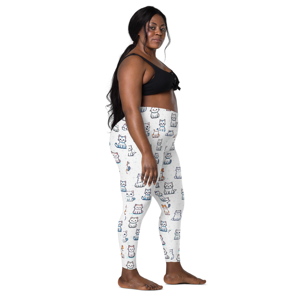 White women’s cute kitten yoga leggings with pockets featuring colorful cartoon cat pattern and soft compression fabric