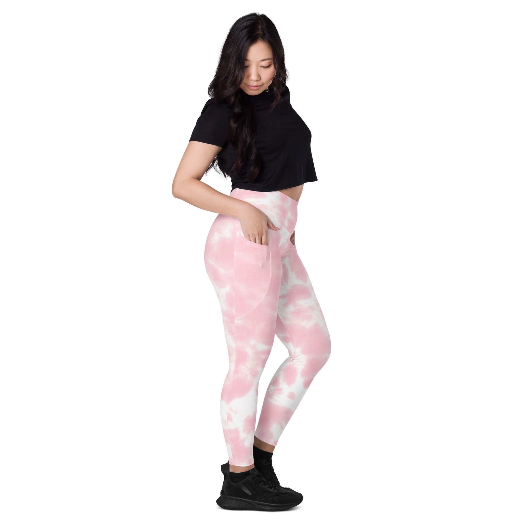 Women’s pink and white tie dye high waisted yoga leggings with pockets soft compression active pants